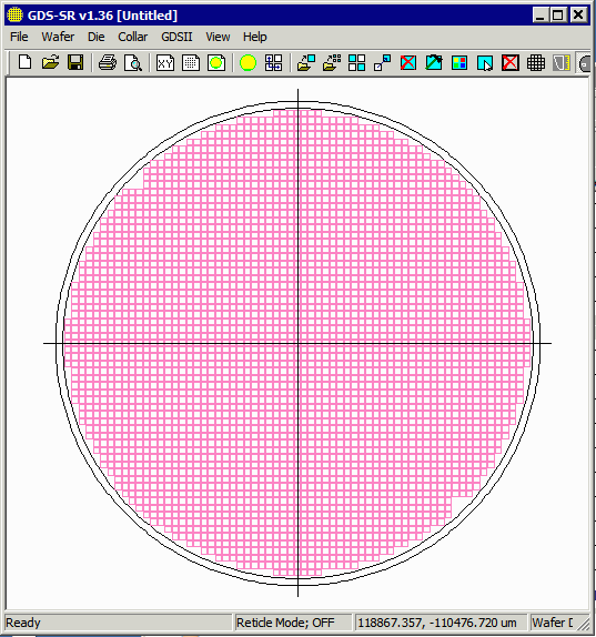 GDS-SR wafer display with fiducials in upper left and lower right corners