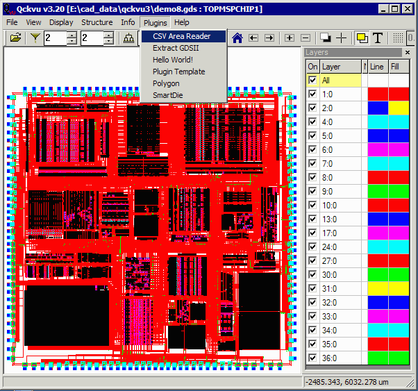 Qckvu3 with GDSII file loaded and Tools pulldown for CSV Area Reader