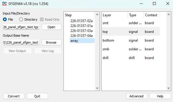 SFGEN main dialog with ODB++ loaded and step/layer selected