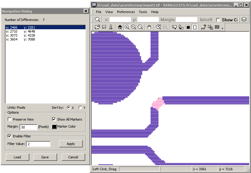 double clicking on a coordinate zooms the display into the location of the difference