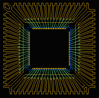 2D view of a quad flatpack leadframe with die and wires