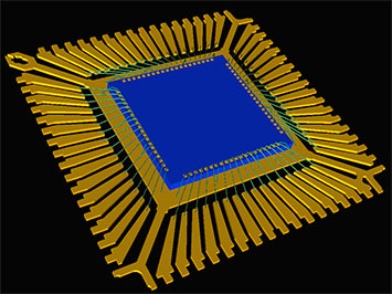 3D view of a quad flatpack leadframe with die and wires (using 3DVU)