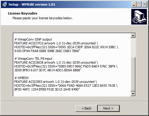 for node locked license, paste in the keycodes