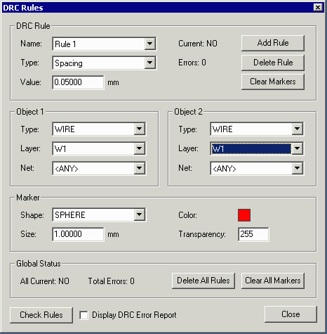 The DRC Rule Dialog Box.