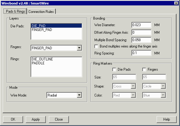 pads and rings tabs for setting up wirebonding parameters