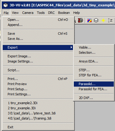 use the File | Export | Parasolid for FEA ... menu pick to launch the parasolids export.