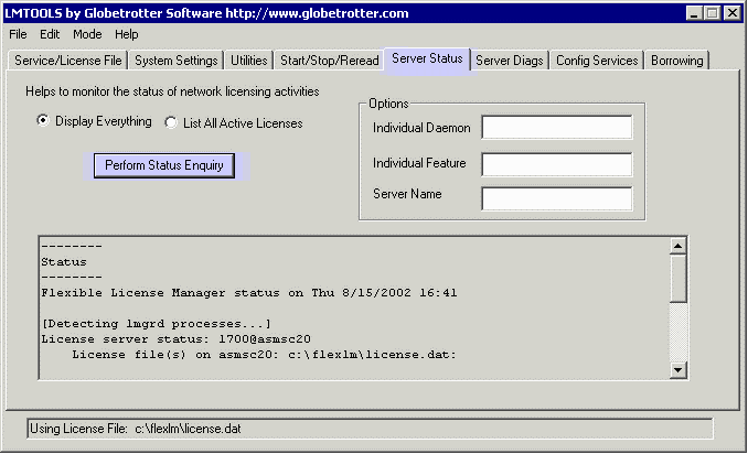 lmtools dialog box for checking server status.