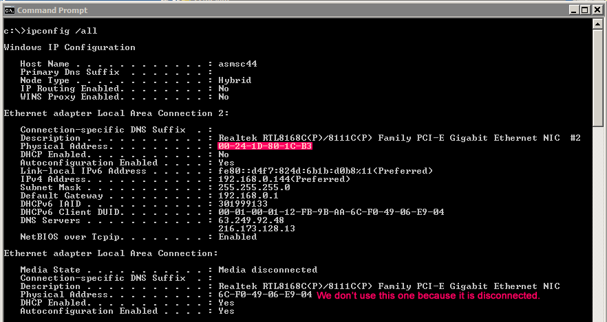 using ipconfig to get the computer's ethernet adaptor MAC address.