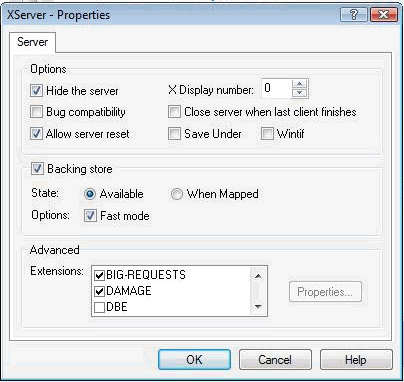 Xserver Properties dialog for MKS X-server